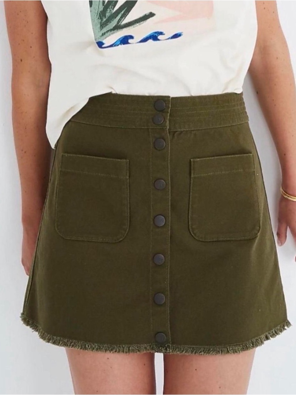 Madewell Olive Green Utility Mini Skirt Button Front Raw Hem Size 8